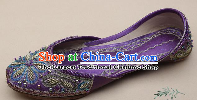 Asian India National Embroidered Purple Leather Shoes Handmade Indian Traditional Folk Dance Shoes for Women