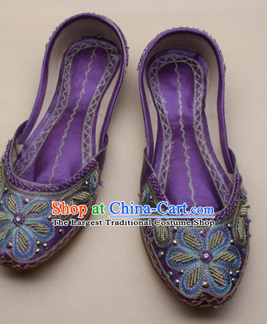 Asian India National Embroidered Purple Leather Shoes Handmade Indian Traditional Folk Dance Shoes for Women