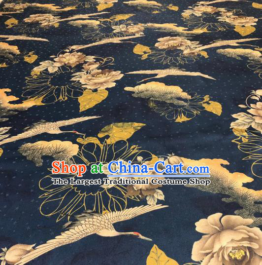 Asian Chinese Traditional Crane Peony Pattern Design Navy Gambiered Guangdong Gauze Fabric Silk Material