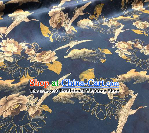 Asian Chinese Traditional Crane Peony Pattern Design Navy Gambiered Guangdong Gauze Fabric Silk Material