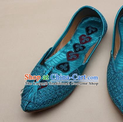 Asian Nepal National Handmade Lake Blue Embroidered Shoes Indian Traditional Folk Dance Leather Shoes for Women