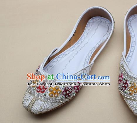 Asian Nepal National White Leather Shoes Handmade Indian Traditional Folk Dance Shoes for Women