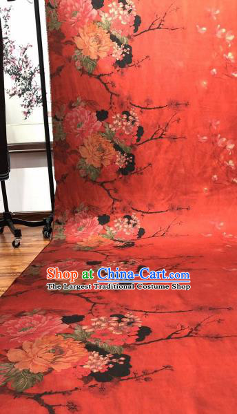 Asian Chinese Traditional Peony Pattern Design Red Gambiered Guangdong Gauze Fabric Silk Material