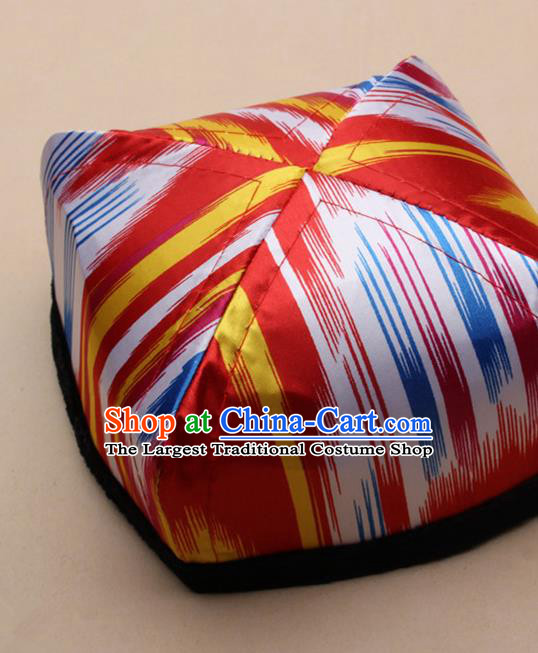 Handmade Chinese Traditional Uyghur Minority Red Silk Hat Ethnic Nationality Folk Dance Headwear for Women