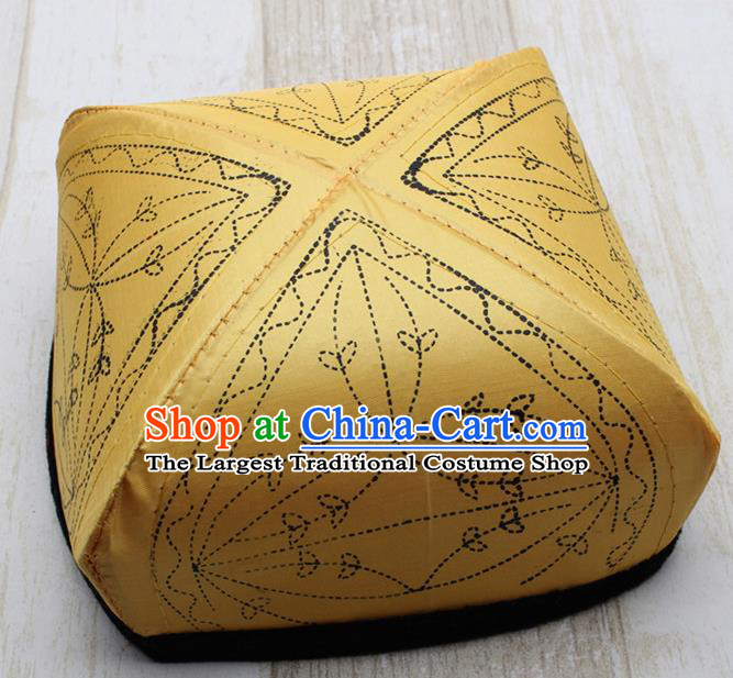 Chinese Traditional Uyghur Minority Yellow Silk Hat Ethnic Xinjiang Folk Dance Headwear for Men