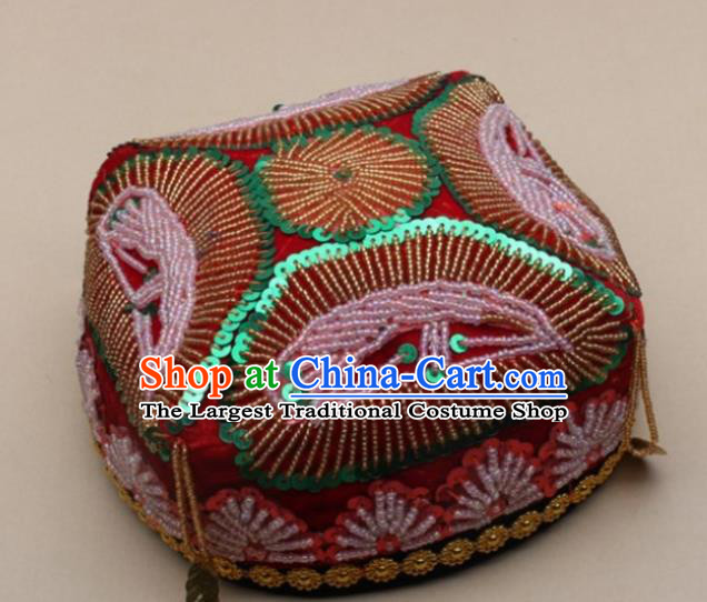 Handmade Chinese Traditional Uyghur Minority Beads Red Hat Ethnic Nationality Folk Dance Headwear for Women