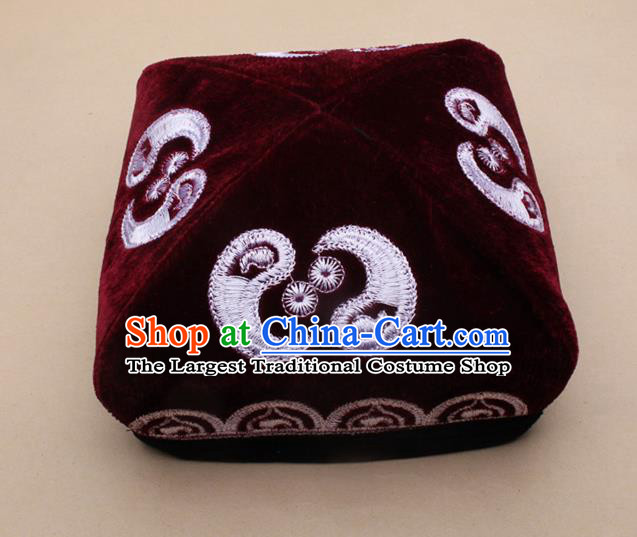 Chinese Traditional Uyghur Minority Dance Embroidered Wine Red Hat Xinjiang Ethnic Headwear for Men