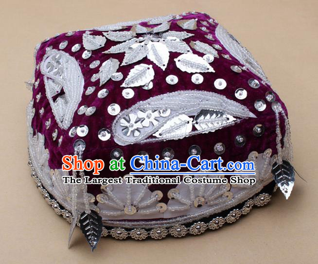 Handmade Chinese Traditional Uyghur Minority Dance Purple Hat Ethnic Nationality Headwear for Women