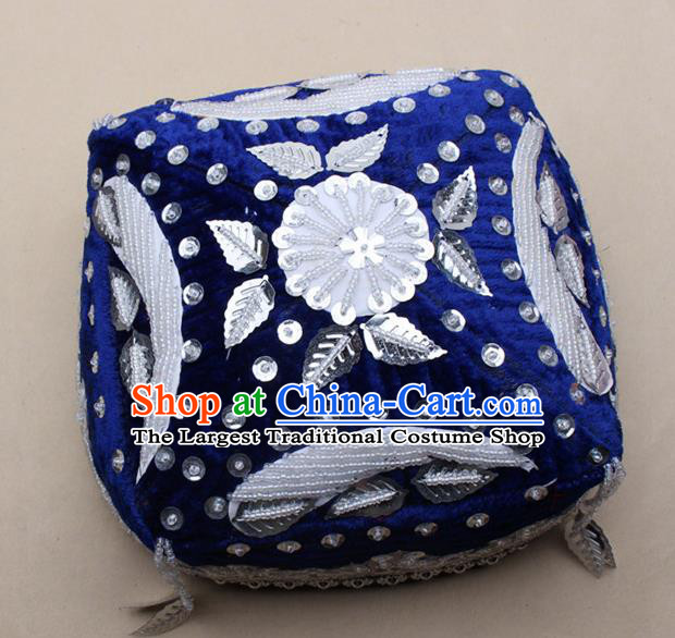 Handmade Chinese Traditional Uyghur Minority Dance Royalblue Hat Ethnic Nationality Headwear for Women