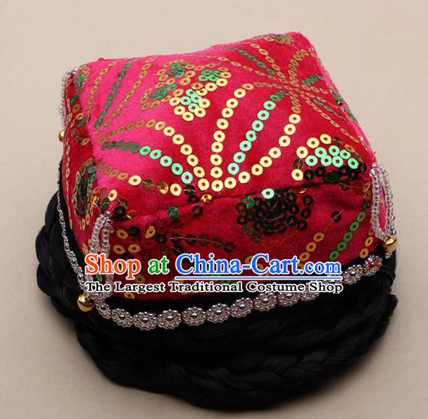 Chinese Traditional Uyghur Minority Dance Bells Rosy Hat Xinjiang Ethnic Nationality Headwear for Women
