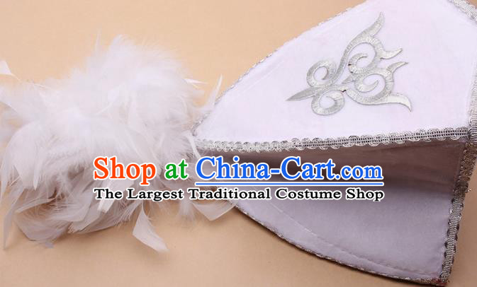 Handmade Chinese Traditional Kazak Minority Feather White Hat Ethnic Nationality Folk Dance Headwear for Women