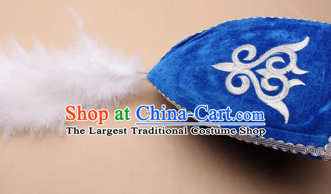 Handmade Chinese Traditional Kazak Minority Feather Blue Hat Ethnic Nationality Folk Dance Headwear for Women