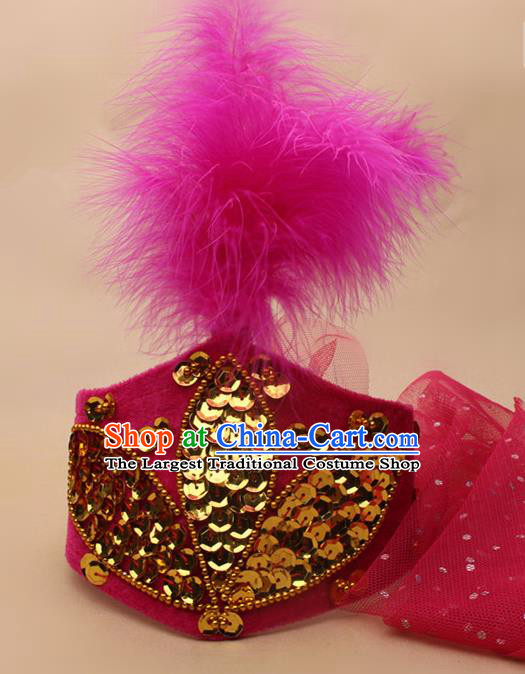 Chinese Traditional Xinjiang Ethnic Dance Rosy Feather Hat Uyghur Minority Nationality Headwear for Women