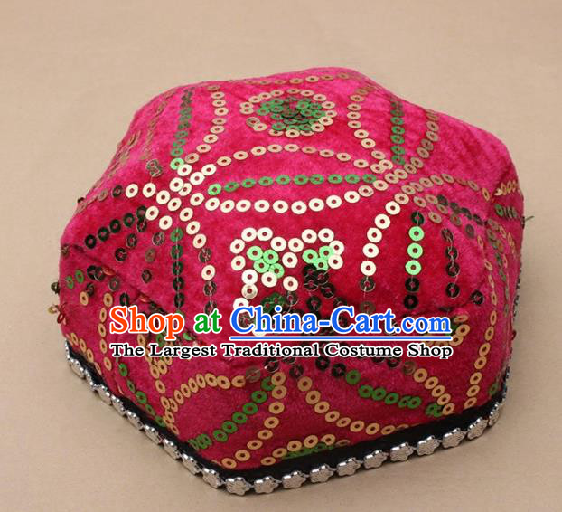 Chinese Traditional Xinjiang Ethnic Dance Hexagon Rosy Hat Uyghur Minority Nationality Headwear for Kids