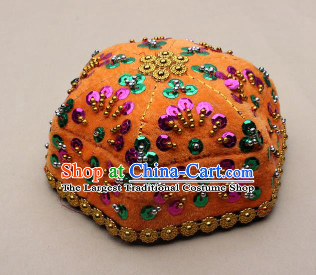 Chinese Traditional Xinjiang Ethnic Dance Paillette Yellow Hexagon Hat Uyghur Minority Nationality Headwear for Kids