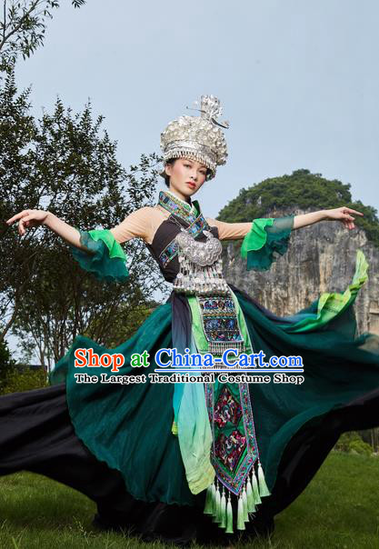 Traditional Chinese Miao Nationality Green Dress Guizhou Ethnic Folk Dance Stage Show Costume for Women