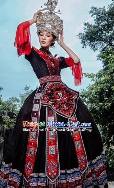 Traditional Chinese Miao Nationality Brown Dress Guizhou Ethnic Folk Dance Stage Show Costume for Women