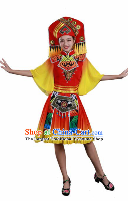 Traditional Chinese Zhuang Nationality Liu Sanjie Red Dress Guangxi Ethnic Folk Dance Stage Show Costume for Women
