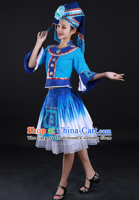 Traditional Chinese Zhuang Nationality Liu Sanjie Blue Dress Guangxi Ethnic Folk Dance Stage Show Costume for Women