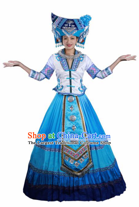 Traditional Chinese Zhuang Nationality Liu Sanjie Blue Long Dress Guangxi Ethnic Folk Dance Stage Show Costume for Women