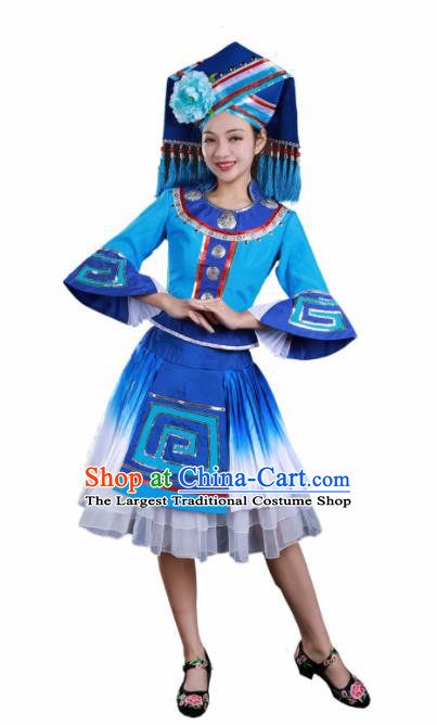 Traditional Chinese Zhuang Nationality Liu Sanjie Blue Dress Guangxi Ethnic Folk Dance Stage Show Costume for Women