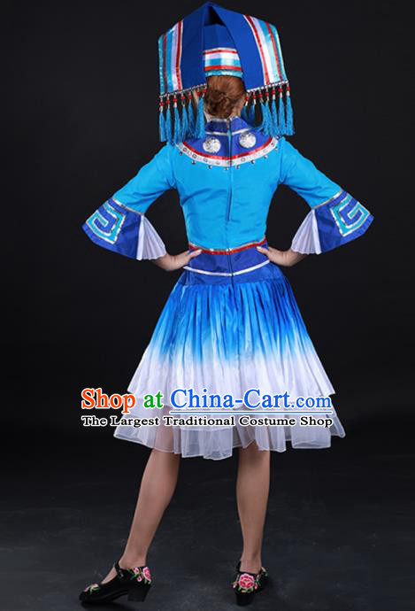 Traditional Chinese Zhuang Nationality Liu Sanjie Blue Dress Guangxi Ethnic Folk Dance Stage Show Costume for Women