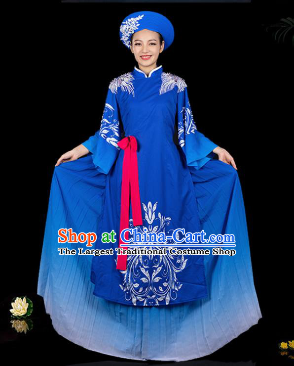 Traditional Chinese Jing Nationality Deep Blue Dress Ethnic Ha Festival Folk Dance Stage Show Costume for Women