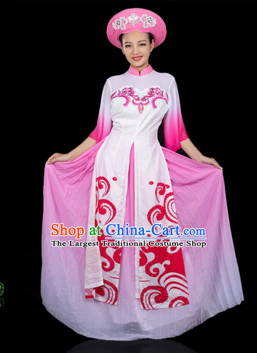 Traditional Chinese Jing Nationality Printing Pink Dress Ethnic Ha Festival Folk Dance Stage Show Costume for Women