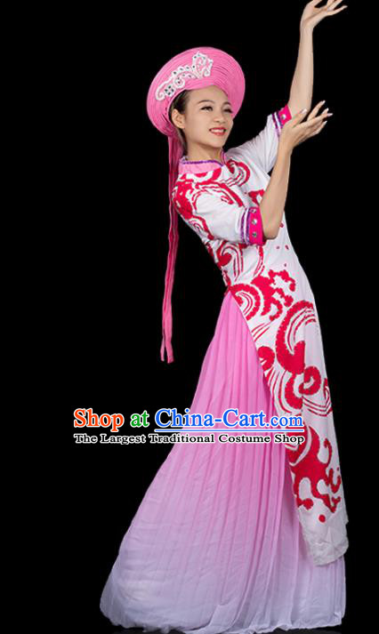 Traditional Chinese Jing Nationality Pink Qipao Dress Ethnic Ha Festival Folk Dance Stage Show Costume for Women