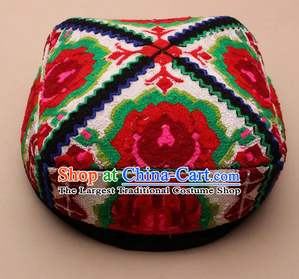 Chinese Traditional Uyghur Minority Embroidered Red Rose Hat Ethnic Nationality Folk Dance Stage Show Headwear for Women