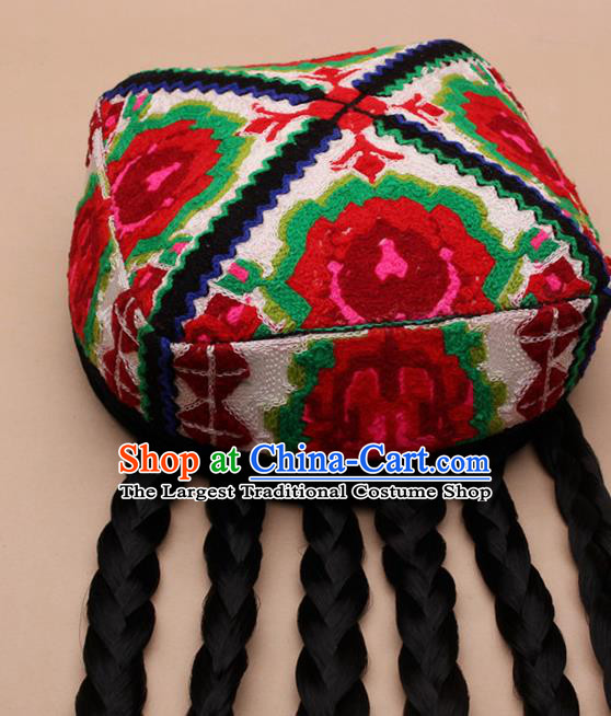Chinese Traditional Uyghur Minority Embroidered Red Rose Hat Ethnic Nationality Folk Dance Stage Show Headwear for Women