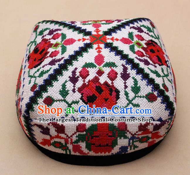 Chinese Traditional Uyghur Minority Embroidered Rose White Hat Ethnic Nationality Folk Dance Stage Show Headwear for Women