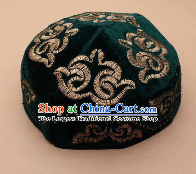 Chinese Traditional Kazak Minority Embroidered Deep Green Velvet Hat Ethnic Xinjiang Stage Show Headwear for Men