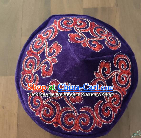Chinese Traditional Kazak Minority Embroidered Purple Velvet Hat Ethnic Xinjiang Stage Show Headwear for Men