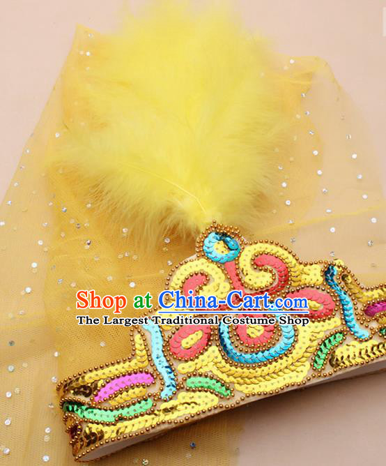 Handmade Chinese Traditional Uyghur Minority Yellow Feather Hat Ethnic Nationality Folk Dance Headwear for Women