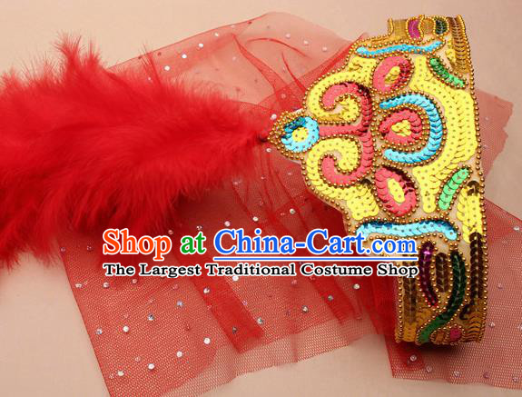 Handmade Chinese Traditional Uyghur Minority Red Feather Hat Ethnic Nationality Folk Dance Headwear for Women