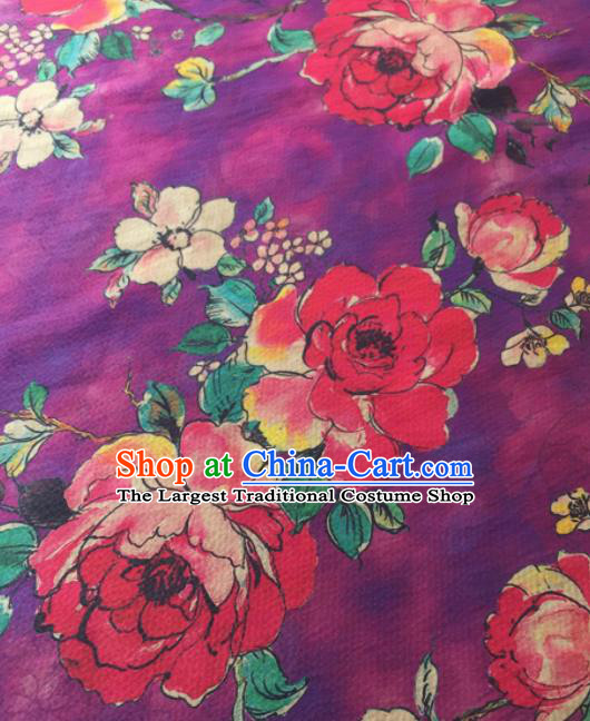 Asian Chinese Traditional Camellia Pattern Design Purple Gambiered Guangdong Gauze Fabric Silk Material