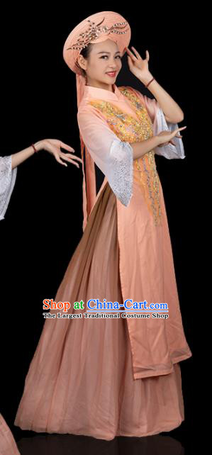 Traditional Chinese Jing Nationality Folk Dance Apricot Dress Ethnic Ha Festival Stage Show Costume for Women