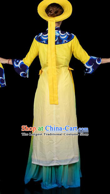 Traditional Chinese Jing Nationality Printing Yellow Dress Ethnic Ha Festival Folk Dance Costume for Women
