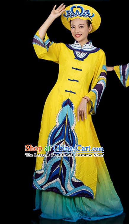 Traditional Chinese Jing Nationality Front Opening Yellow Dress Ethnic Ha Festival Folk Dance Costume for Women