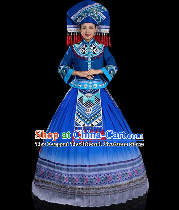 Traditional Chinese Zhuang Nationality Stage Show Deep Blue Dress Ethnic Festival Folk Dance Costume for Women