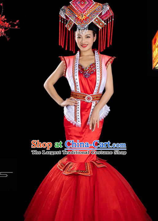 Traditional Chinese Zhuang Nationality Folk Dance Liu Sanjie Red Dress Ethnic Stage Show Costume for Women