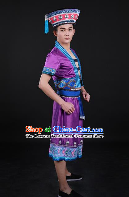 Chinese Traditional Yao Nationality Purple Outfits Ethnic Minority Folk Dance Stage Show Costume for Men