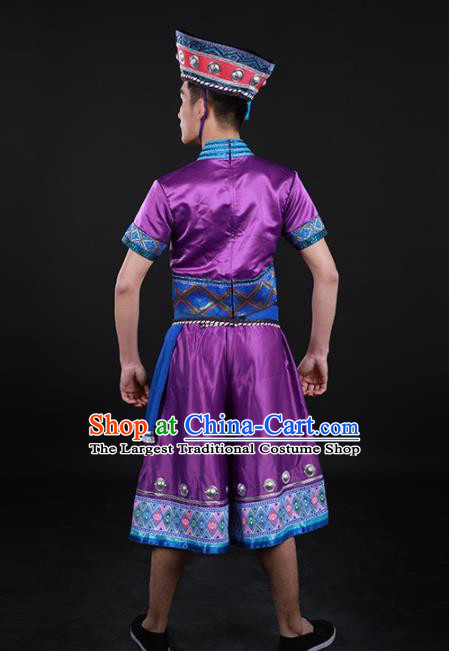 Chinese Traditional Yao Nationality Purple Outfits Ethnic Minority Folk Dance Stage Show Costume for Men