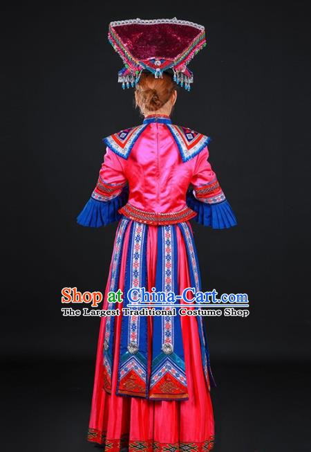 Chinese Traditional Zhuang Nationality Rosy Dress Ethnic Folk Dance Stage Show Costume for Women