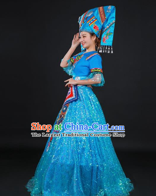 Chinese Traditional Zhuang Nationality Light Blue Dress Ethnic Folk Dance Stage Show Costume for Women