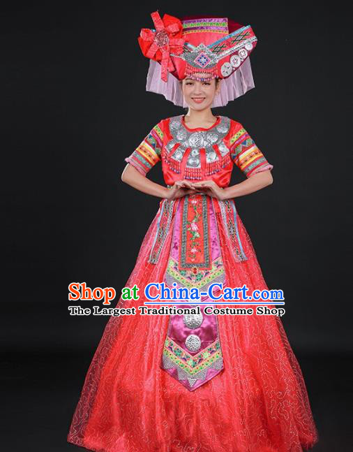 Chinese Traditional Zhuang Nationality Red Dress Ethnic Folk Dance Stage Show Costume for Women