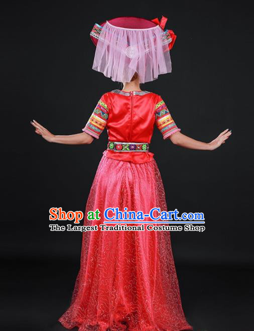 Chinese Traditional Zhuang Nationality Red Dress Ethnic Folk Dance Stage Show Costume for Women