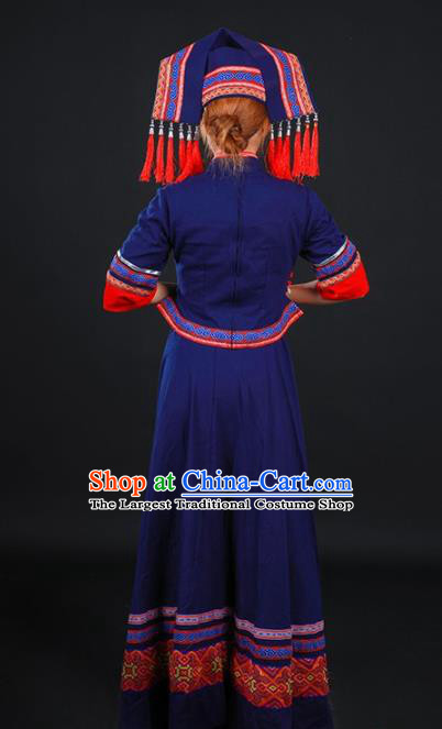 Chinese Traditional Zhuang Nationality Navy Dress Ethnic Folk Dance Stage Show Costume for Women