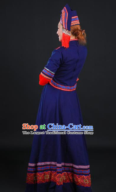 Chinese Traditional Zhuang Nationality Navy Dress Ethnic Folk Dance Stage Show Costume for Women